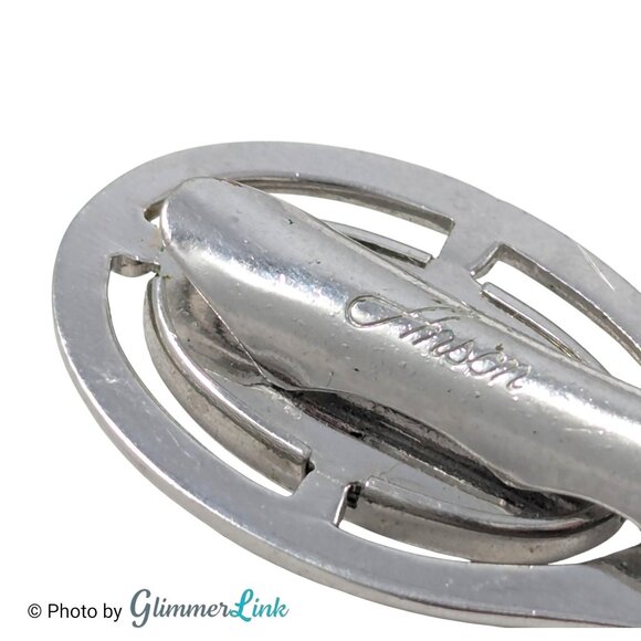 Anson Silver Tone Black Oval Cufflinks & Tie Bar Set with Diamond Accent, 1970s - Picture 10 of 11